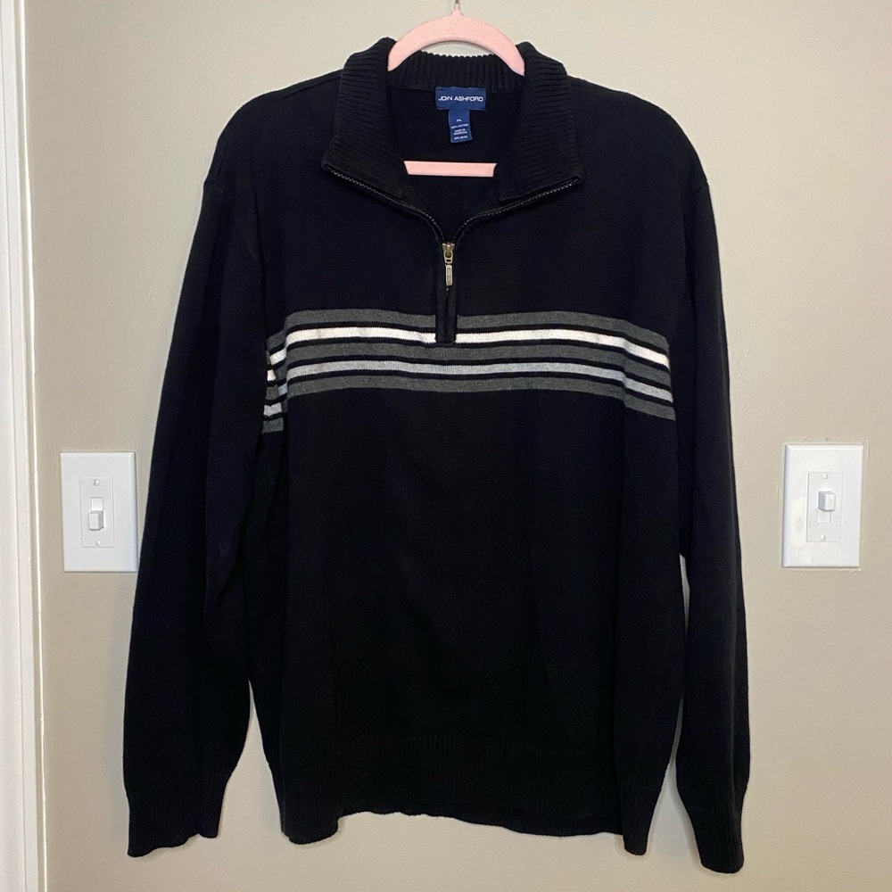 Vintage Y2K Dark Academia Black White Gray Stripe Tight Knit Quarter Zip Sweater